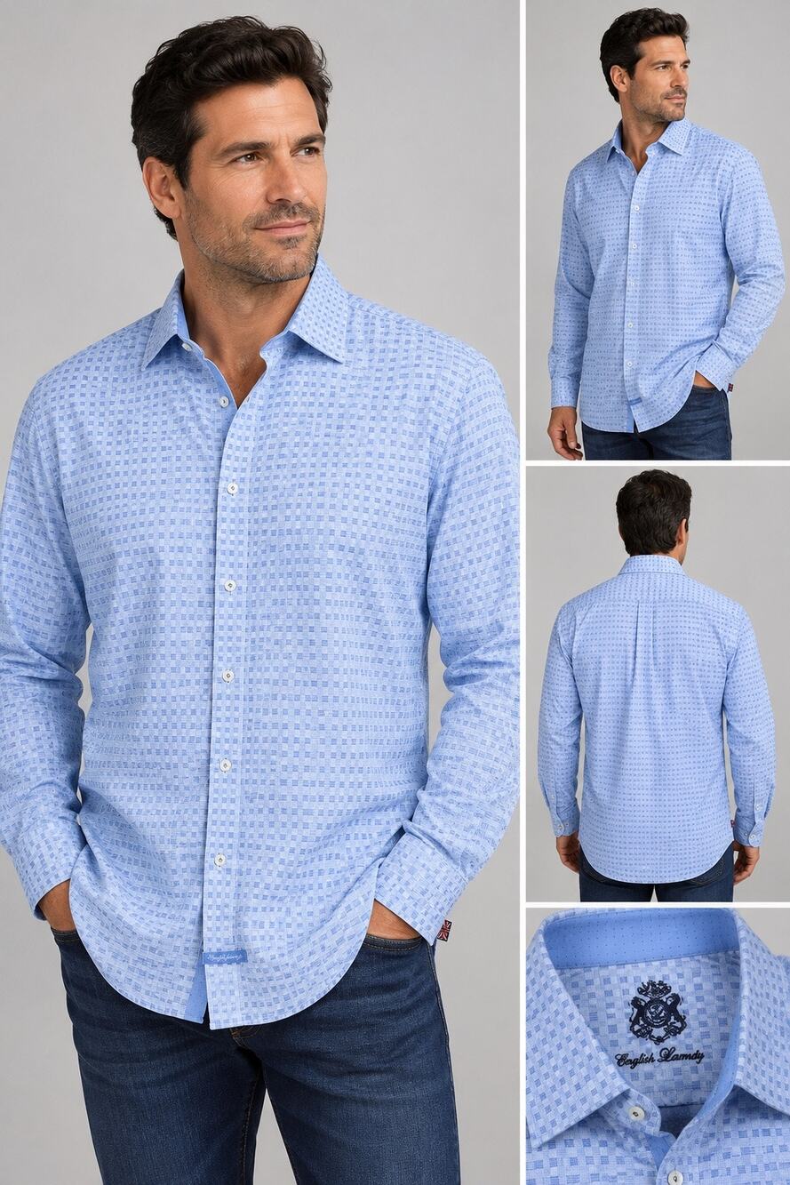 English Laundry Blue Pattern Stretch Cotton Button-Down Shirt 17.5 32/33